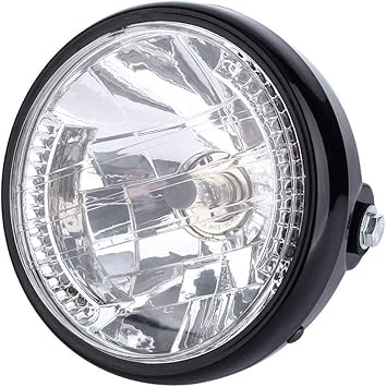 Terisass LED Motorcycle Headlight with Housing 7" Universal 12V H4 35W Motorcycle Retro Headlight Assembly Yellow Clear Lens Super Bright Cafe Racer Headlight w/Black Bracket Mount
