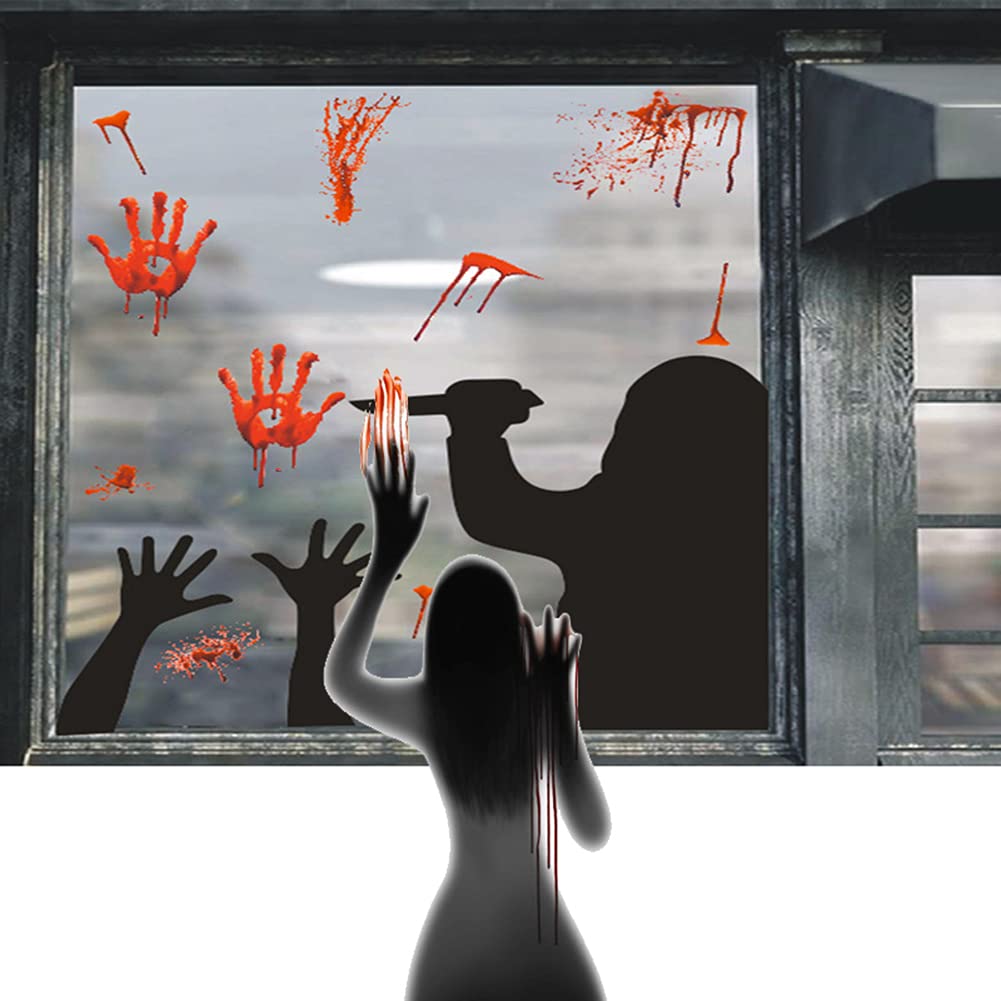ZJJ 2 Sheets Halloween Horror Creativity Bloody Handprints Window Stickers Scary Black Shadow Wall Decal Removable Decor Door Clings for Home Bar