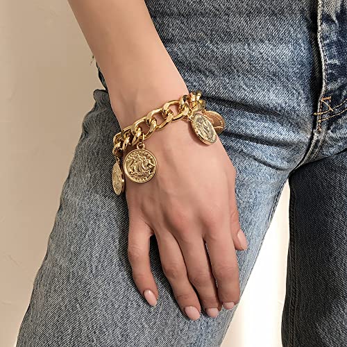 Jumwrit Chunky Chain Bracelet Punk Cuban Curb Link Chain Bracelet Statement Golden Coin Bracelet for Women3