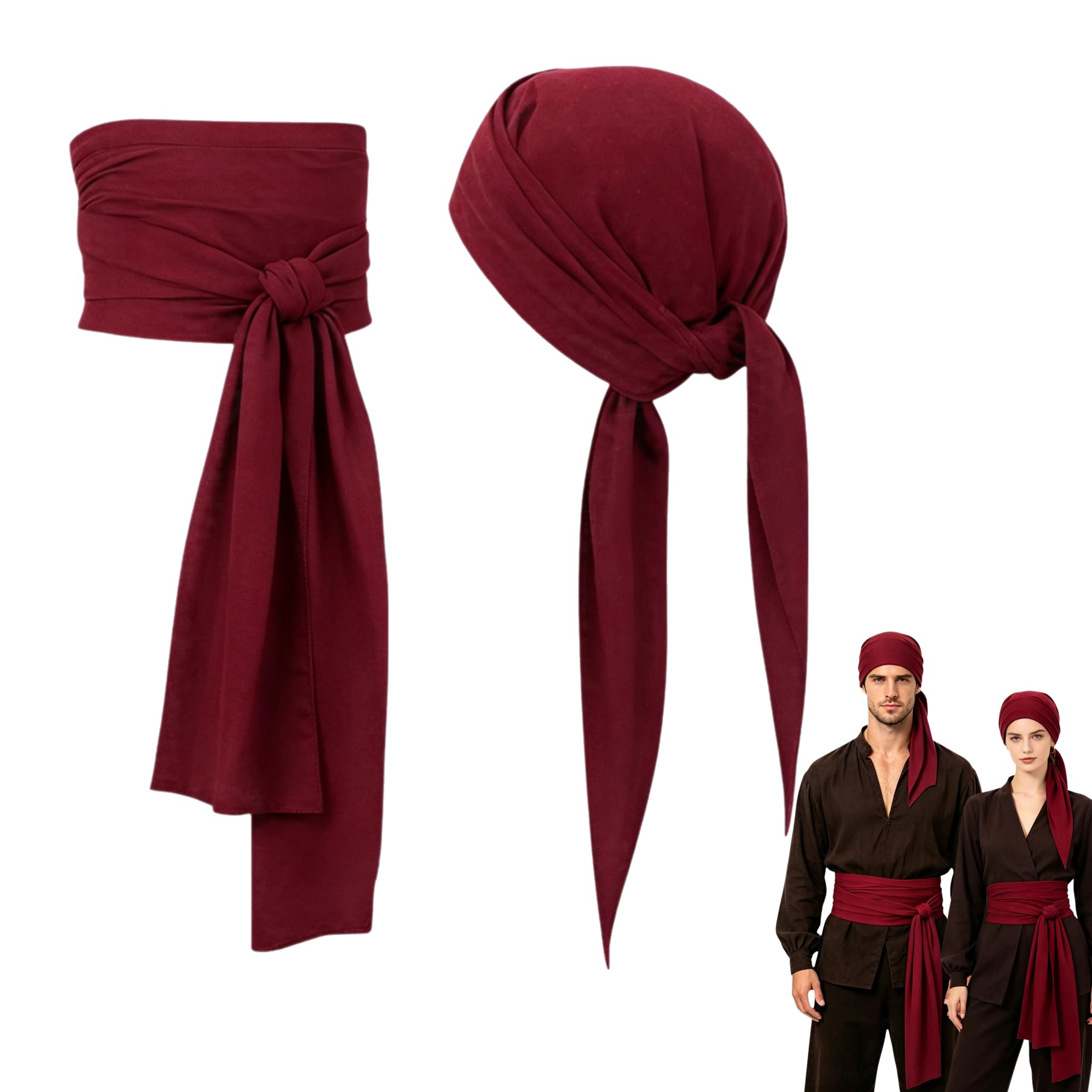 2Pcs Pirate Costume Accessories, Burgundy Pirate Bandana Adjustable Sash Belt Set, Soft Breathable Fabric, One Size Fits Most for Adult Women Men, Halloween Party, Medieval Renaissance Pirate Cosplay