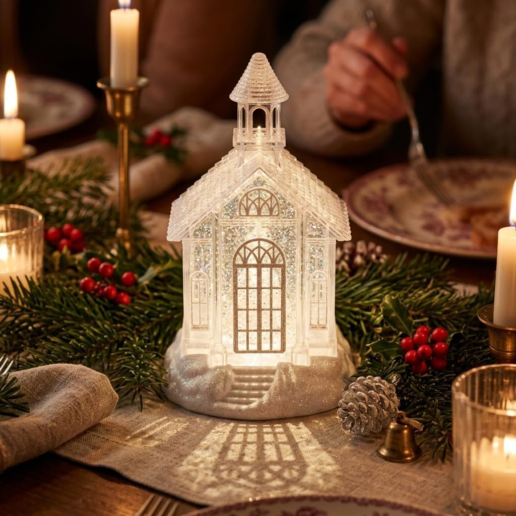 Christmas Snow Globe Lantern Greenhouse Water Glittering Globe with Little Lawn 6H Timer Function Christmas Snow Globes Operated for Christmas Festival Decorations Gifts (Greenhouse)