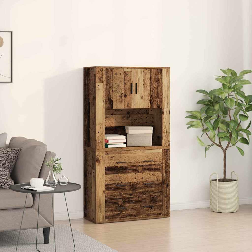 Meuble haut avec tiroirs et portes en bois vieilli - 80 x 33 x 150 cm - Buffet moderne pour salon, salle à manger, bureau - Avec espace de rangement et étagère
