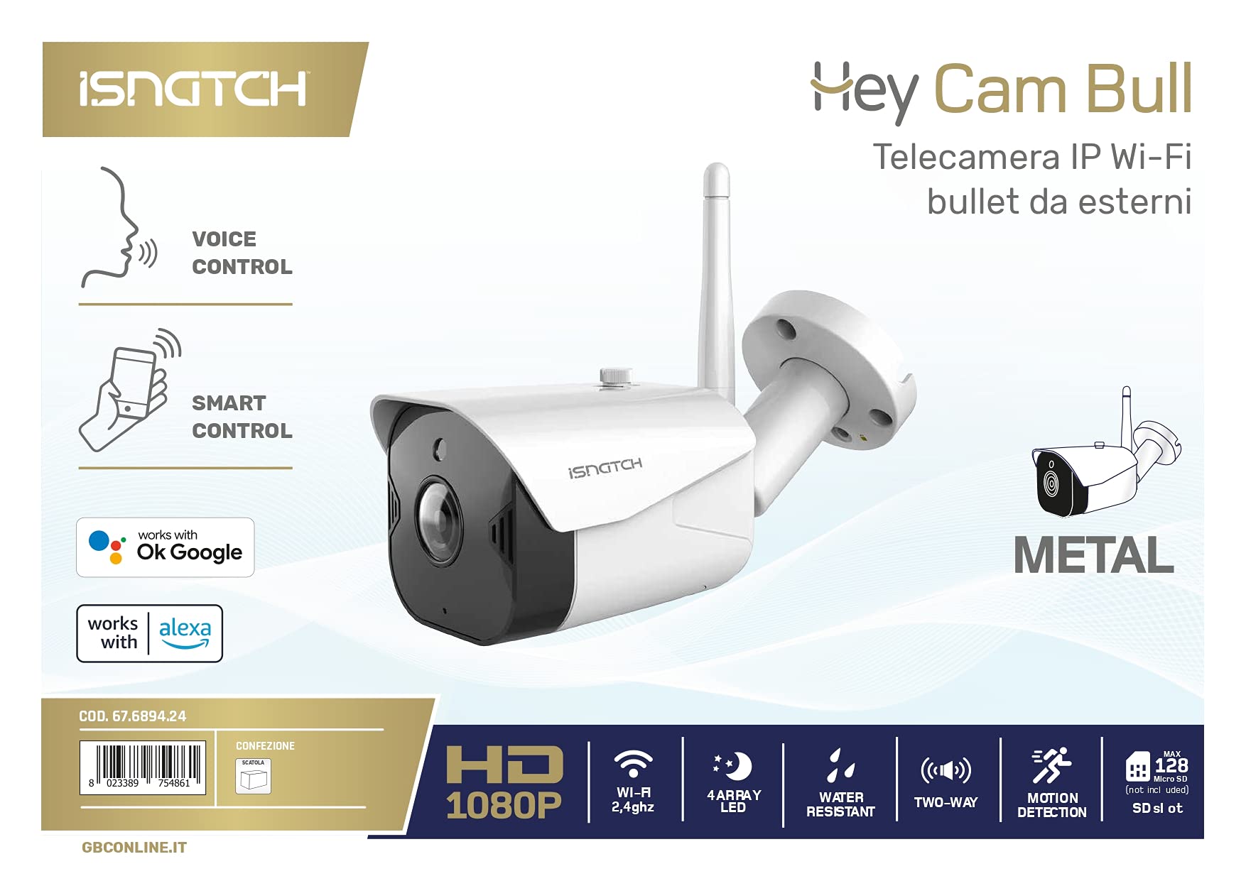 HeyCam Bull - Telecamera IP Wi-Fi da Esterni/Interni 1080p, Risoluzione HD 2MP, Protezione IP65, Visione Notturna, Audio Bidirezionale, Compatibile con Alexa e Google Assistant
