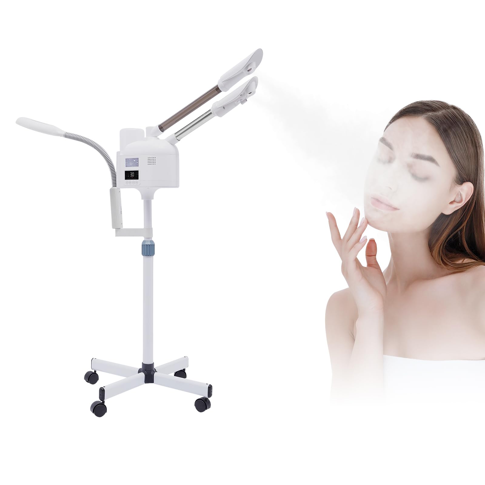 Vapozone Esthetique Professionnel 3 en 1 Vapeur Facial Visage avec Lumière LED et Loupe Hauteur Réglables Mode Chaud et Froid Buse Rotative 360°