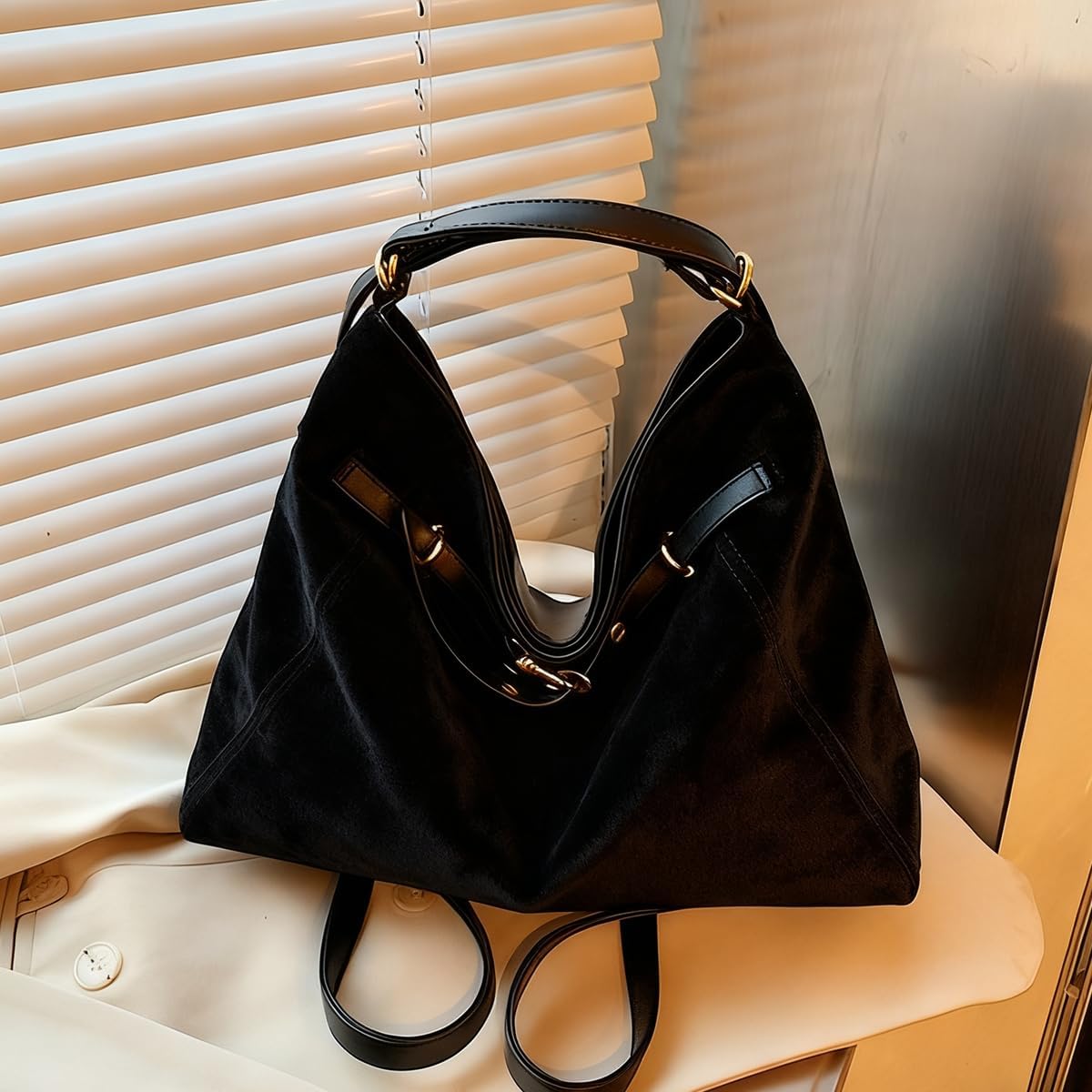 3-Way Suede Bag for Women, Convertible Tote Hobo Backpack & Crossbody Shoulder Bag, Black coffee Slouchy Purse