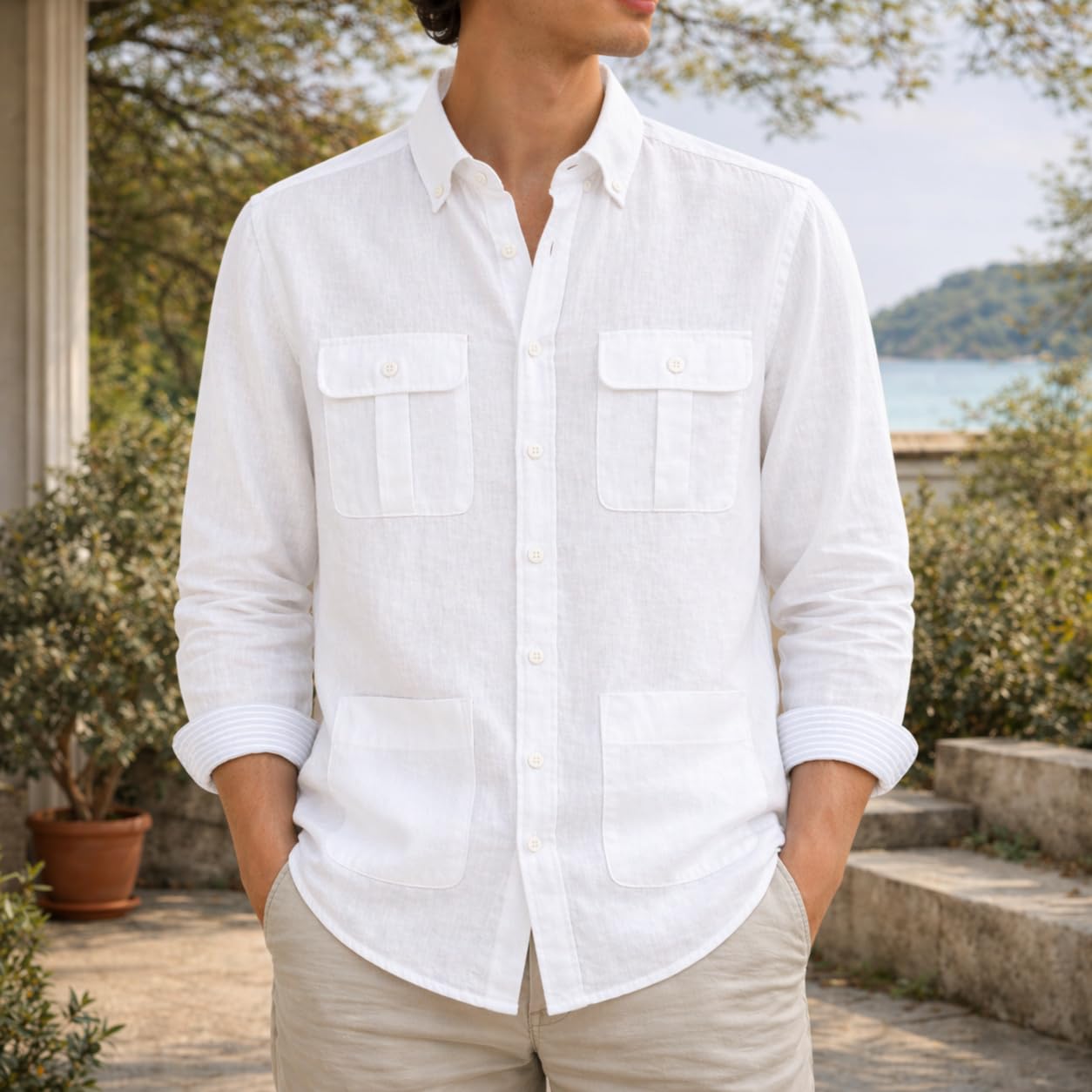 Camisa de Lino para Hombre, Manga Larga con 4 Bolsillos y Cuello Abotonado, Estilo Safari Casual para Verano y Playa, Camisa Guayabera Ligera y Transpirable