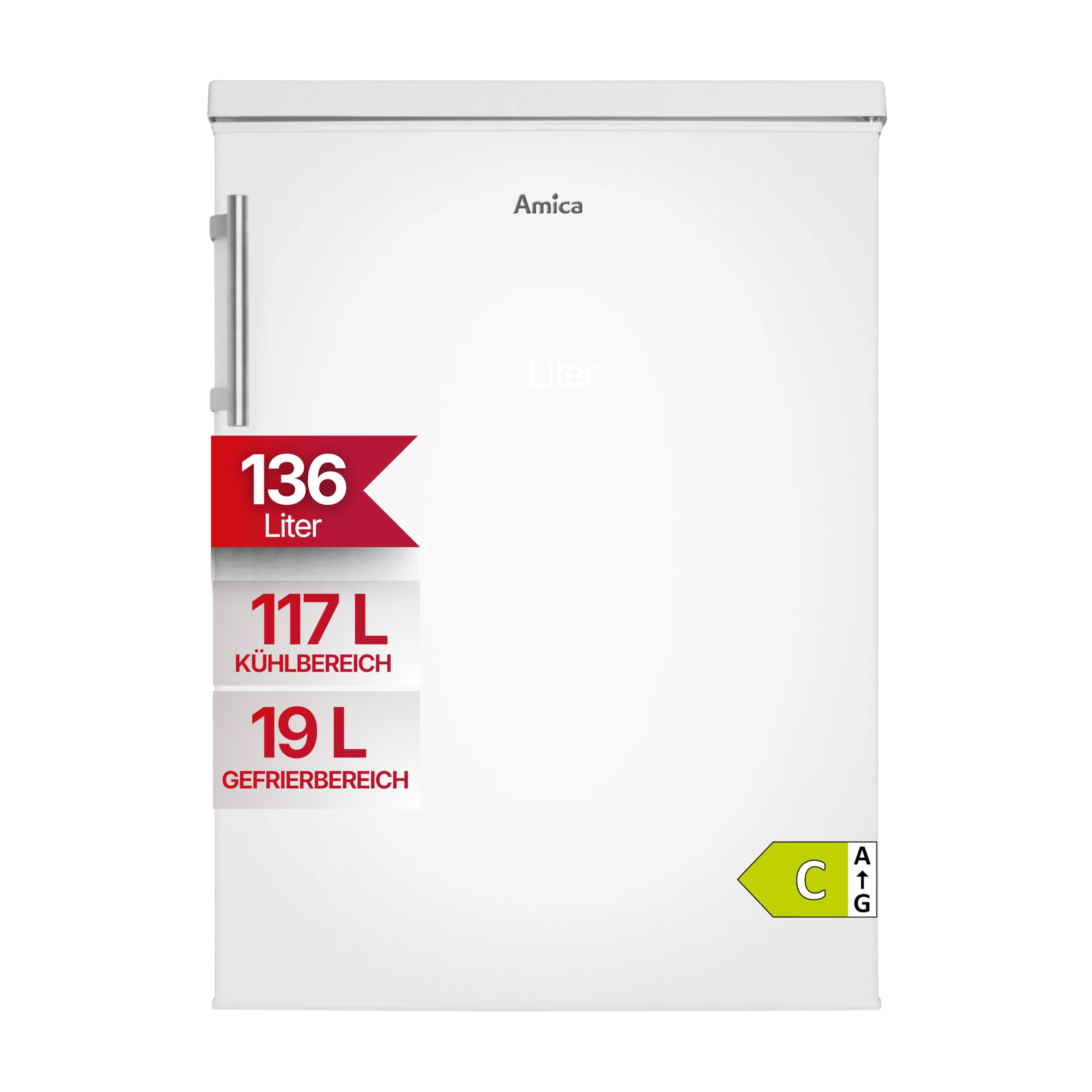 Amica Frigorífico independiente con congelador de 136 l, iluminación LED, estantes de cristal de 85 x 60 x 64,8 cm, frigorífico pequeño blanco