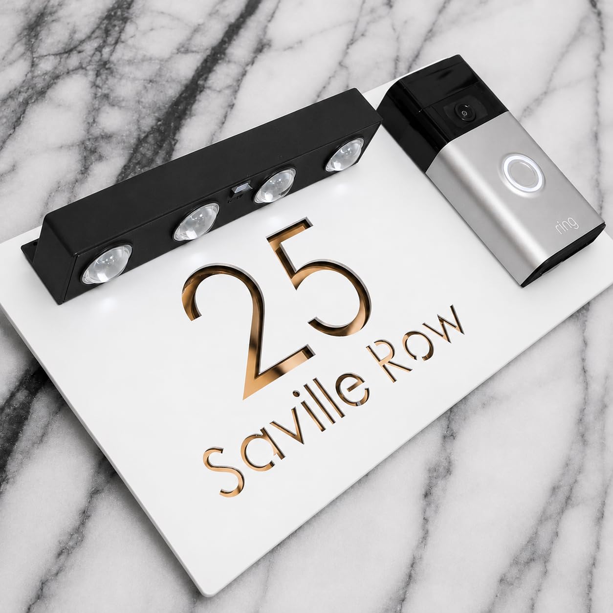 K Smart Sign | Bellissima LED DOORBELL F31 | Contemporary Customised House Video Doorbell Solar LED Signs 3d Door Numbers Street Address Number Plaques | 300mm x 160mm (Matt White & Copper Mirror)