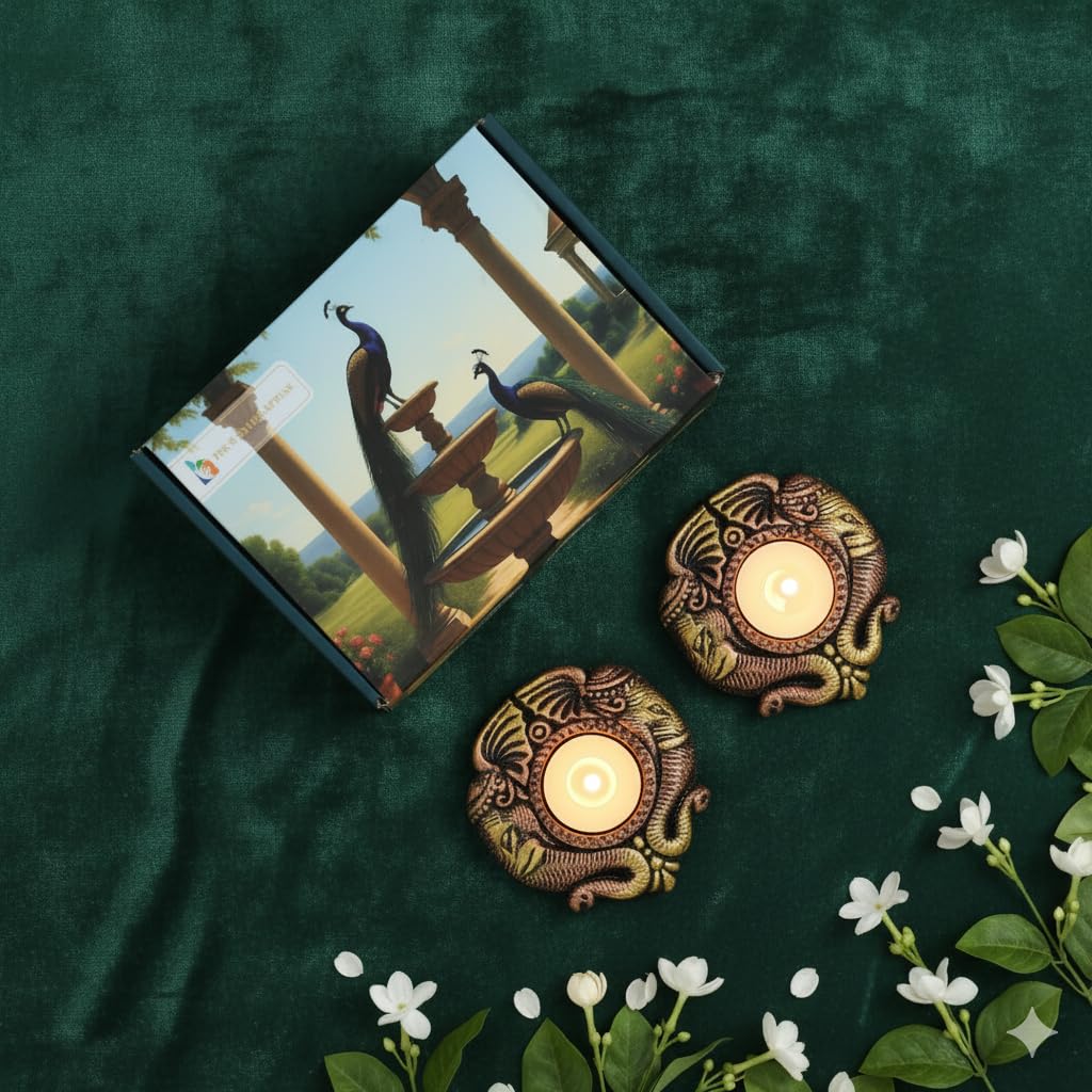 Double Elephant Face T-Light Candle Holder (Set of 2) – Handcrafted Antique Terracotta Elephant Diya for Good Luck – Ethnic Votive Holder for Home Decor, Mandir, & Festive Gifting