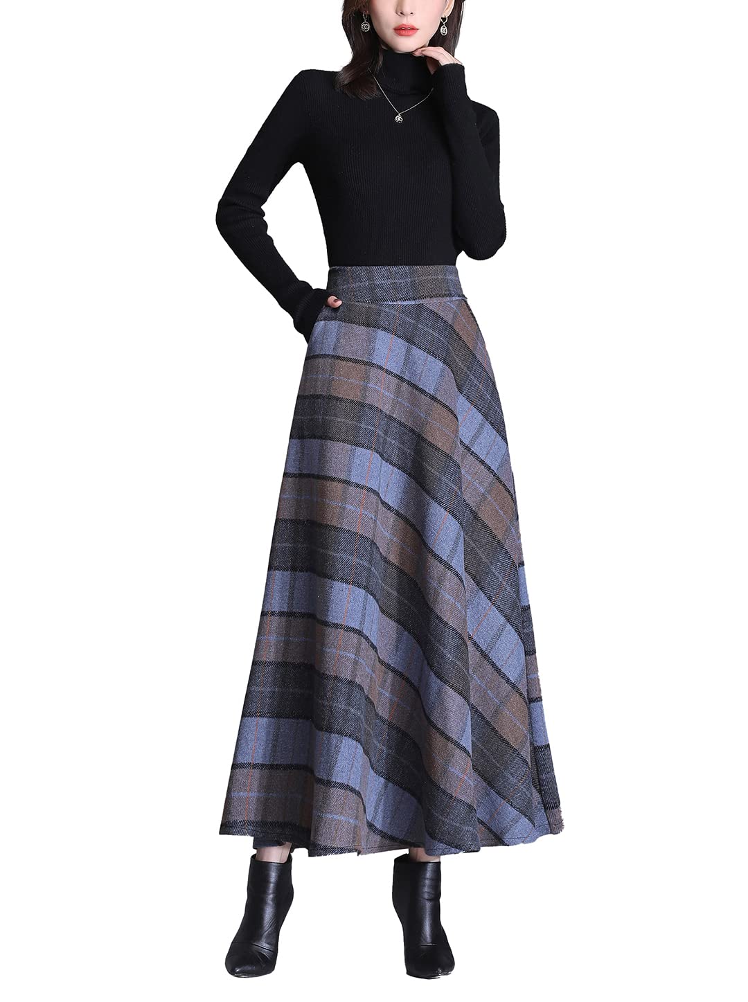 Moviendress Women's Color 4 ’S Fall Winter Wool High Waisted Plaid Long Skirt A-Line Pleated Swing Maxi Skirts