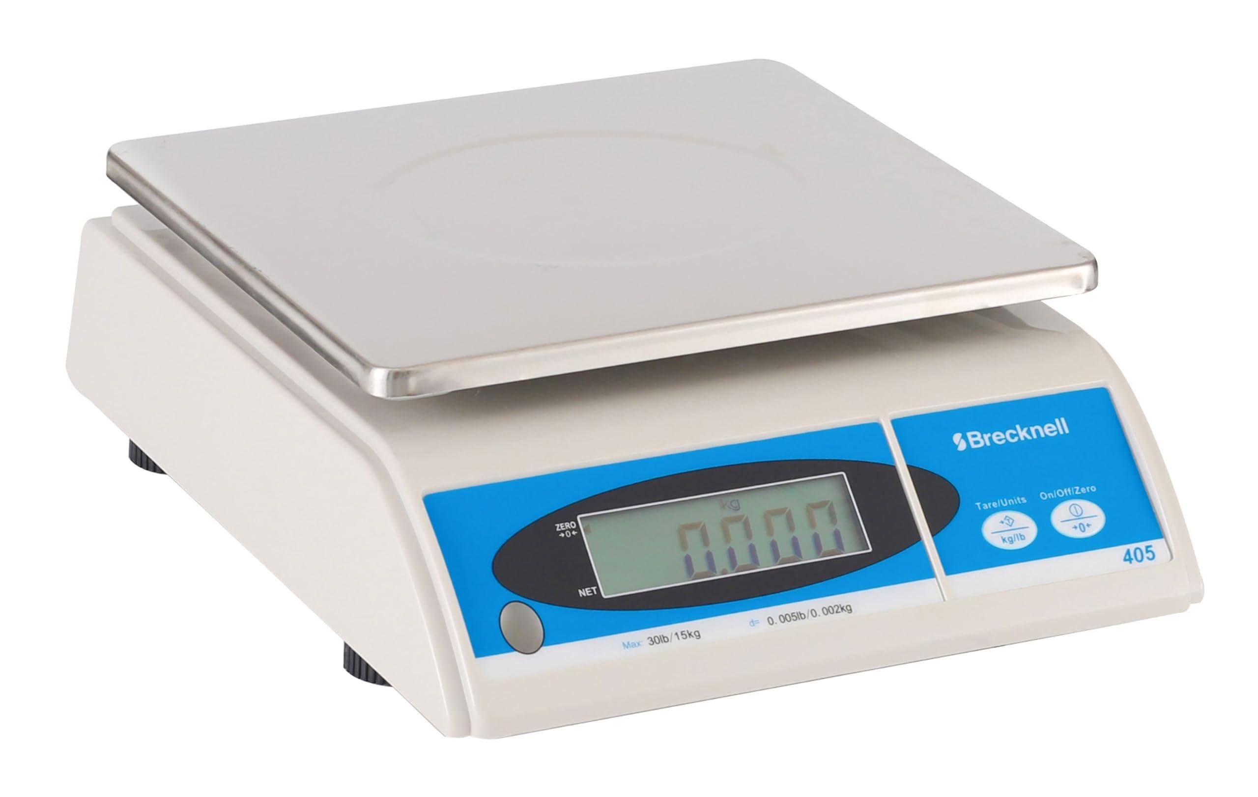 Brecknell 405 LCD 15kg Dual Range Electronic Commercial Kitchen Bench Scales 1g Accuracy upto 6kg and 2g 6kg-15kg (30lb x 0.005lb) for Food Preparation and Portion Control Mains or Battery Powered