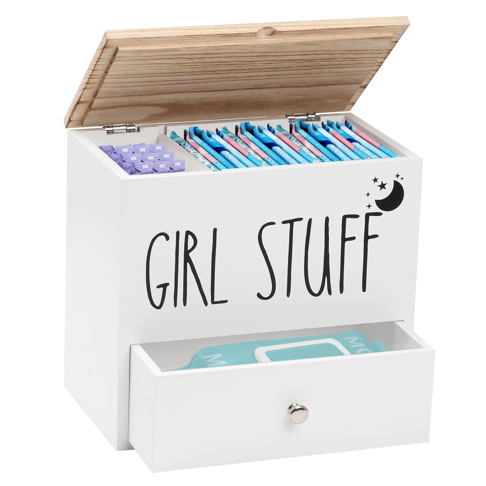 mumisuto Porta tamponi per bagno, Scatola Porta Assorbenti, Contenitore per tamponi per bagno, Organizer Rustico In Legno Per Prodotti Femminili con Cassetto e Coperchio, Organizer Femminile (Bianco)