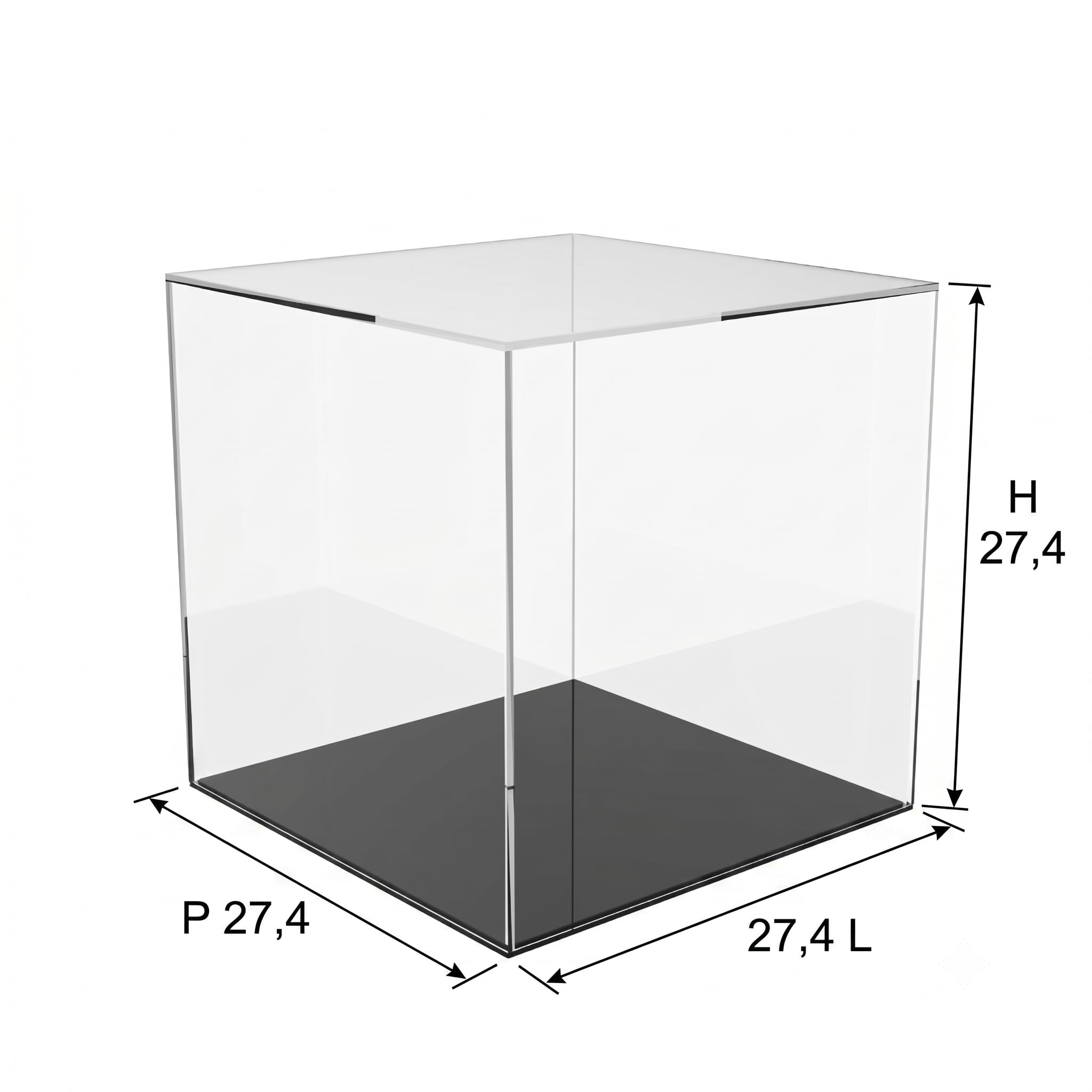 TECA - Vetrina Antipolvere in Plexiglass Trasparente per Modellini, Diorami, Costruzioni Cm. 26,8 x 26,8 x H. 26,8Cm. 24,7 x 24,7x h 24,7, con base nera lucida