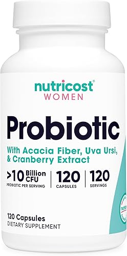 Nutricost Probiótico para mujeres 10 mil millones de UFC, 120 cápsulas Complejo con fibra de acacia, Uva Ursi y extracto de arándano, sin OMG y sin