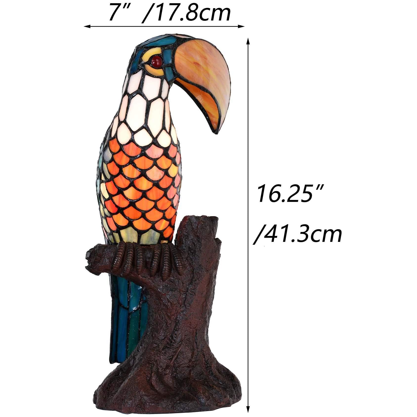 Bieye L30813 Lampada da tavolo decorativa in vetro colorato in stile Tiffany con tucano su tronco d'albero, luce notturna. Altezza 16,25 pollici