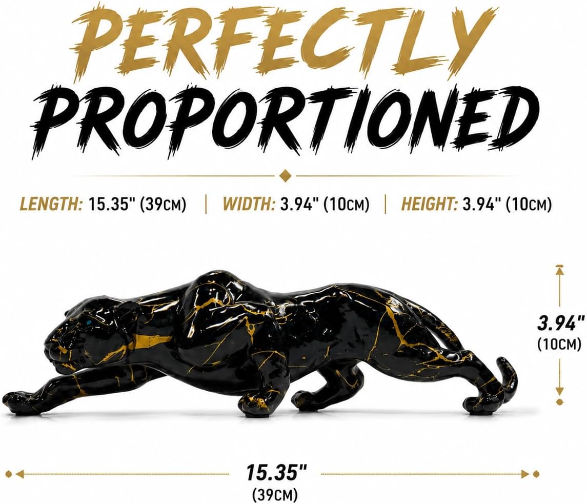 Shlinuo Modern Black Panther Statue Home Decor 15.4" Long Black and Gold Animal Sculpture Figurine - Elegant Marble Effect Leopard Accent for Living Room, Office Desk, Bookshelf Wild Cat Gift