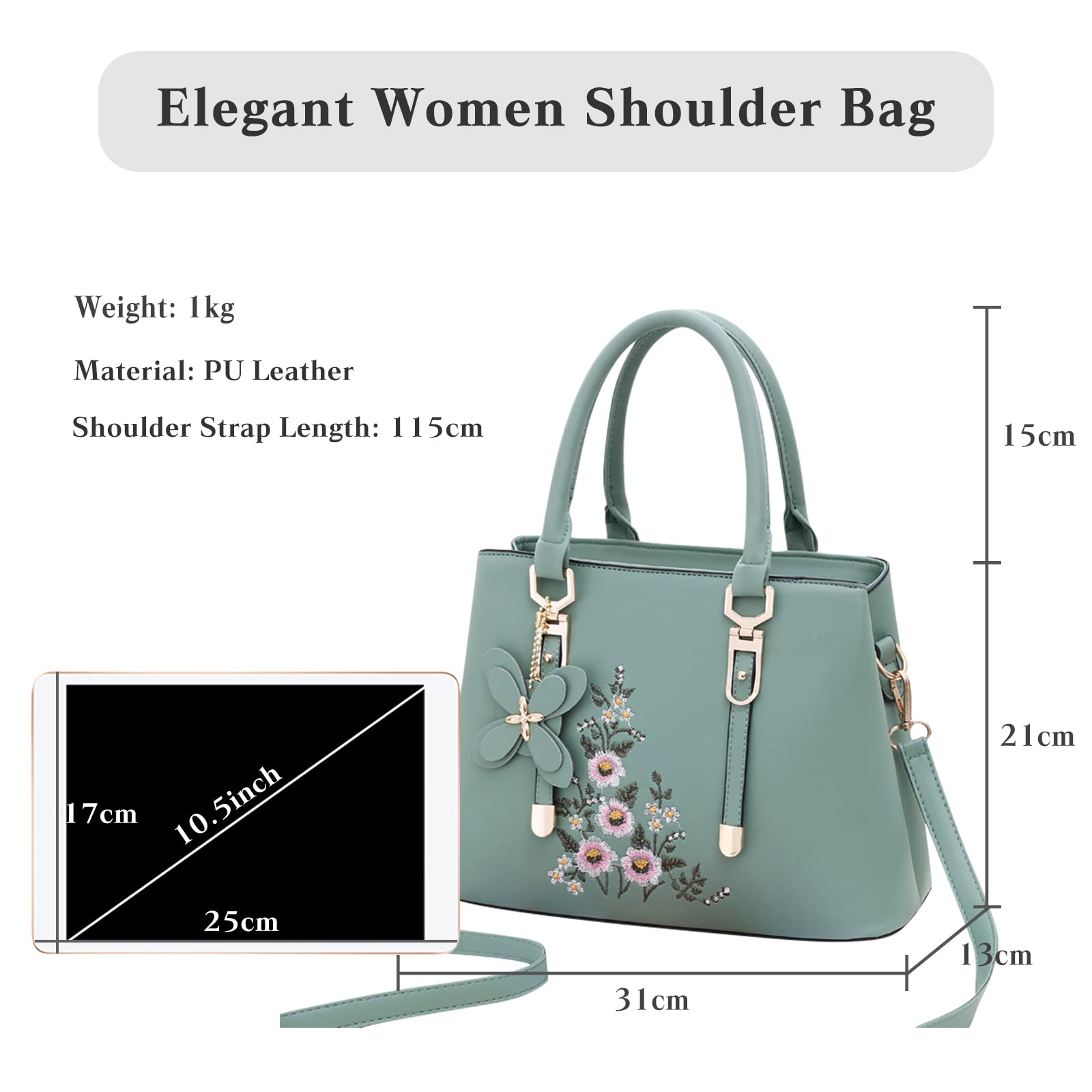 FANDARE Borse a Mano Ricamata Borse a Spalla da donna Impermeabile Borse a Tracolla PU Pelle Borse Tote Borse Messenger per Shopping Viaggio Lavoro Incontri Verde