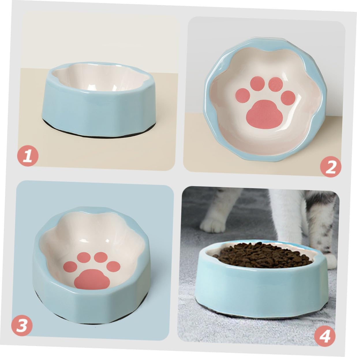 Ceramic Slanted Cat Food Bowl with Cute Animal Paw Print, Blue Small Pet Water Dish for Cats and Dogs, Tilted Raised Pet Feeder Suitable for Indoor Use
