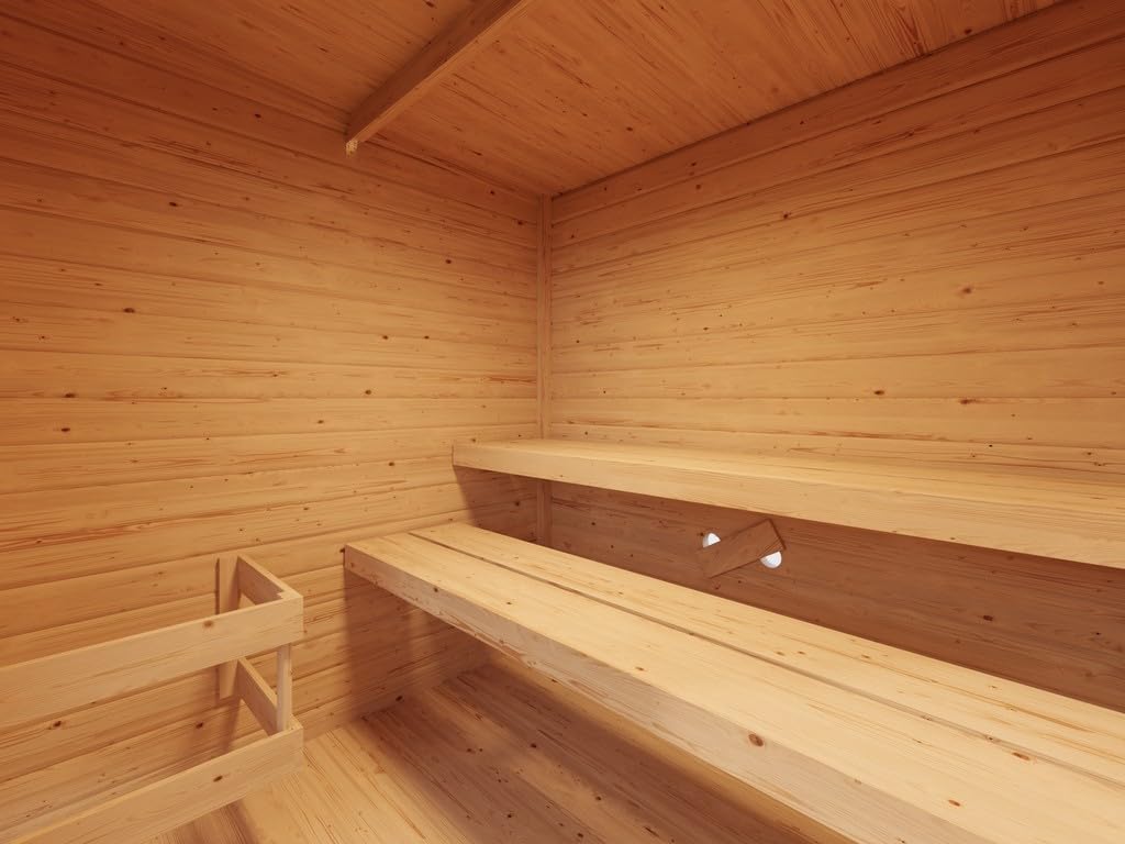 Karibu Gartensauna 195,6x189,9x212,4cm Fichte bronzierte Glastür 2 Liegen Fronteinstieg Massivholz 9kW Saunaofen EXT. Steuerung Saunasteine 2-4 Personen Boden