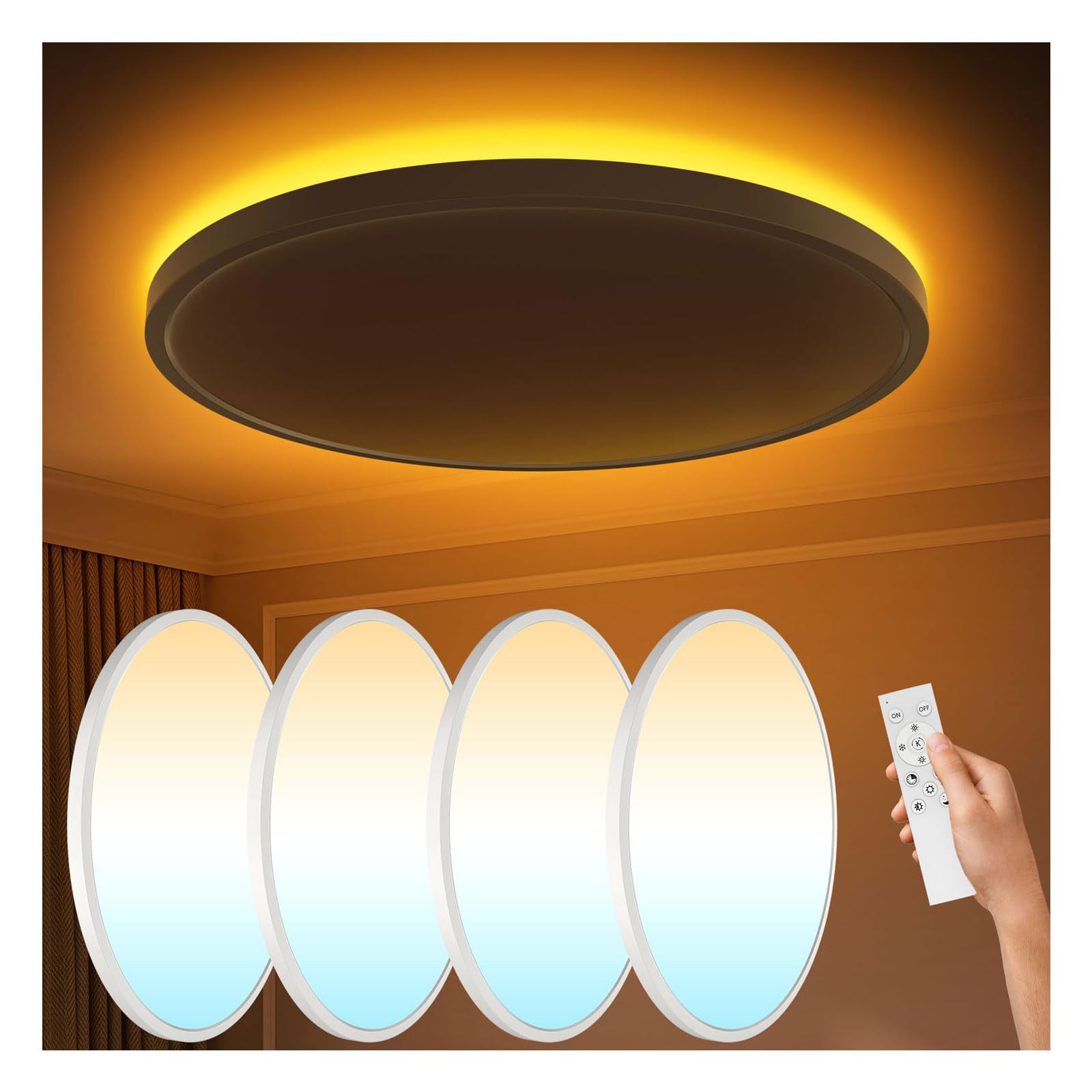 4Pack Flush Mount Ceiling Light with Nightlight 12in, 24W 2400LM Dimmable LED Ceiling Lights with Remote & APP Control, 2700K-6000K Adjustable, Perfect for Bedroom/Living Room/Kitchen, Round White