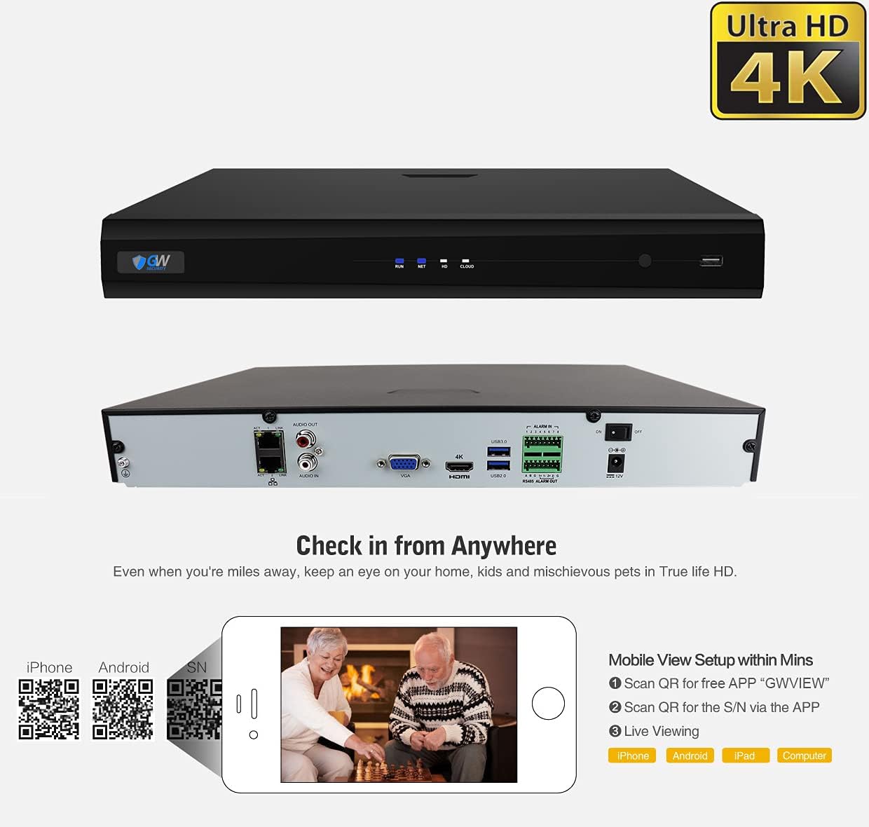 GW Security 32 Channel 4K 8MP NVR Video Recorder Alone with 8TB Pre-Installed Hard Drive (GW4232NS)
