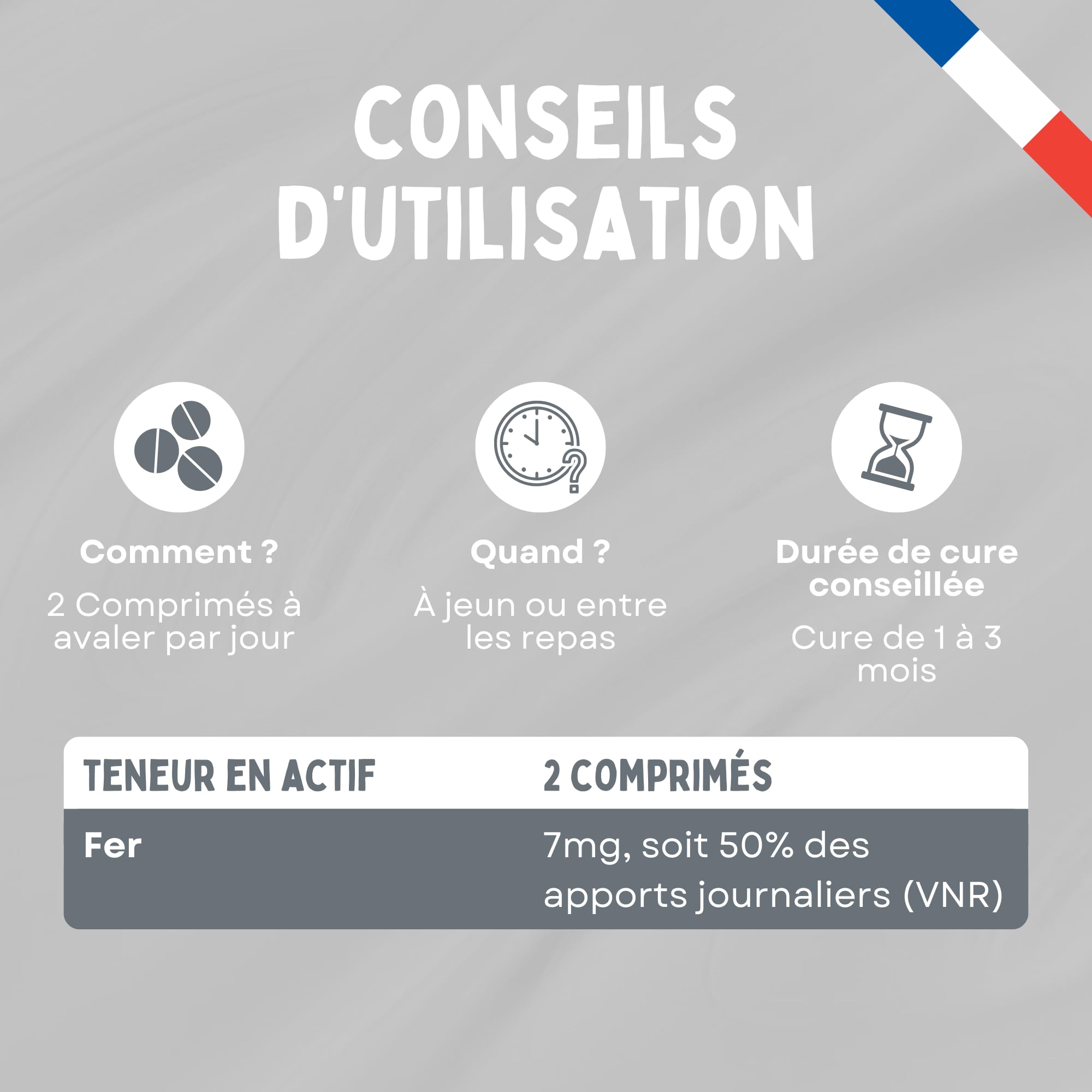 Fer Bio Vegan 7 mg - 90 Comprimés - Cure 45 Jours - Réduction de la Fatigue - Soutien Immunitaire - Fer Hautement Assimilable - Fabriqué en France