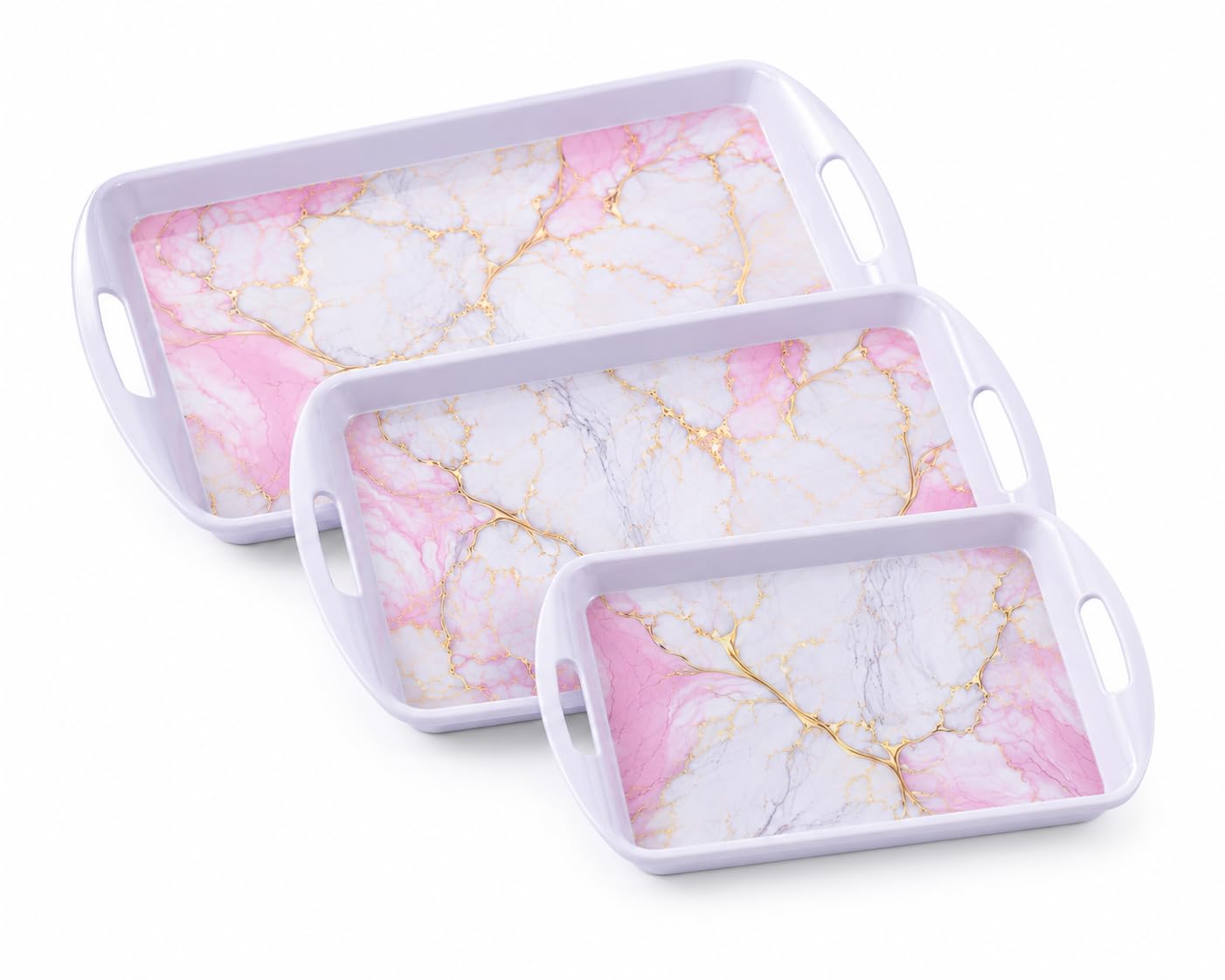 Malti Melamine Serving Tray Set of 3, Rectangular Breakfast, Tea, Snack & Food Trays with Built-in Handles, Glossy Multicolor Printed Kitchen Tray Set for Dining Table, Home, Hotel (Pink Marble Gold)-image-39