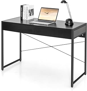 Multigot Computer Desk, Metal Frame Laptop Table with 2 Drawers, PC Workstation Study Writing Desk for Home Office (Black)