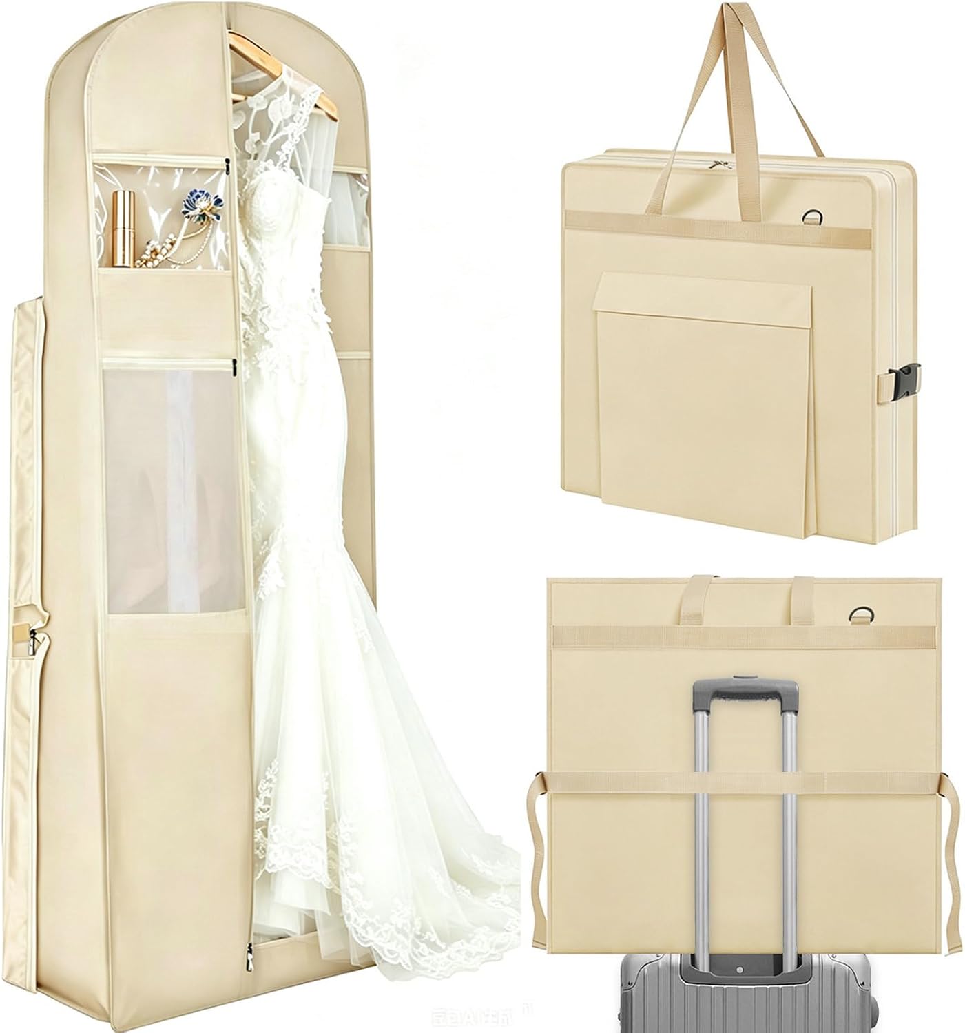 72" Wedding Dress Garment Bag, Beige | Portable Gowns Bridal Dress Travel Bag, Long Dresses Evening Gown Storage, 6 Accessory Pockets