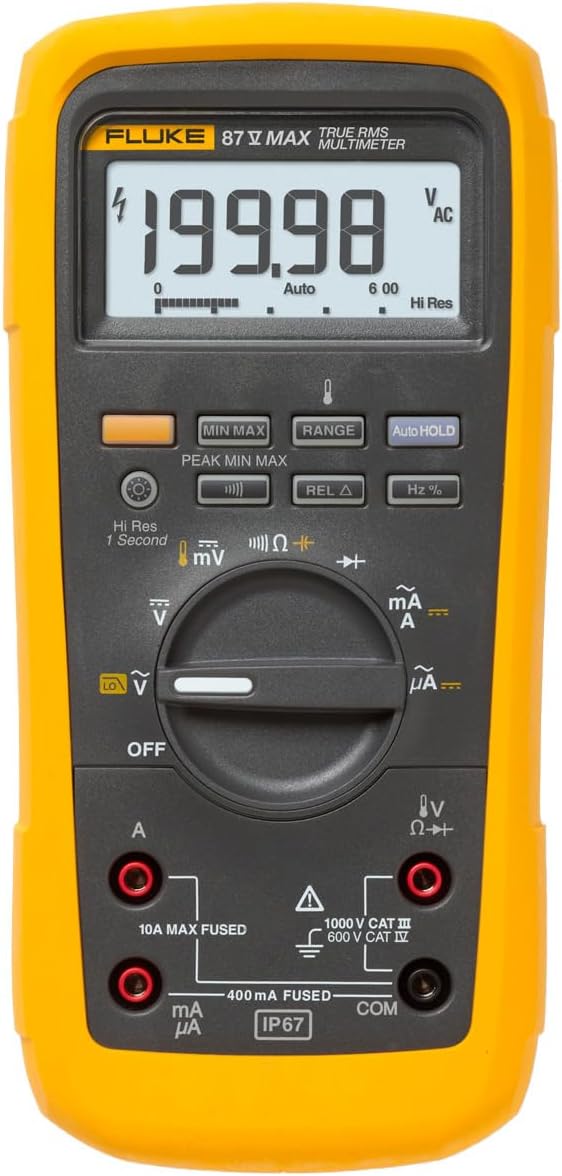 Fluke 87V MAX True-RMS Digital Multimeter, Rugged, Waterproof and Dustproof IP67 Rated, Up to 800 Hour Battery Capacity, Built-In Thermometer, Withstands Drops Up To 13 Feet, Includes TL175 Test Leads