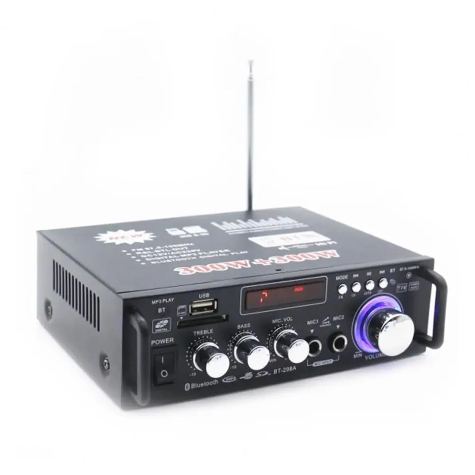 Amplificador de Audio Estéreo BT-298A, 2 Canales, 600W, HiFi, 5.0, 12V/220V, Control Remoto, Pantalla LCD, Compatible con iPads, Teléfonos Inteligentes, Tabletas
