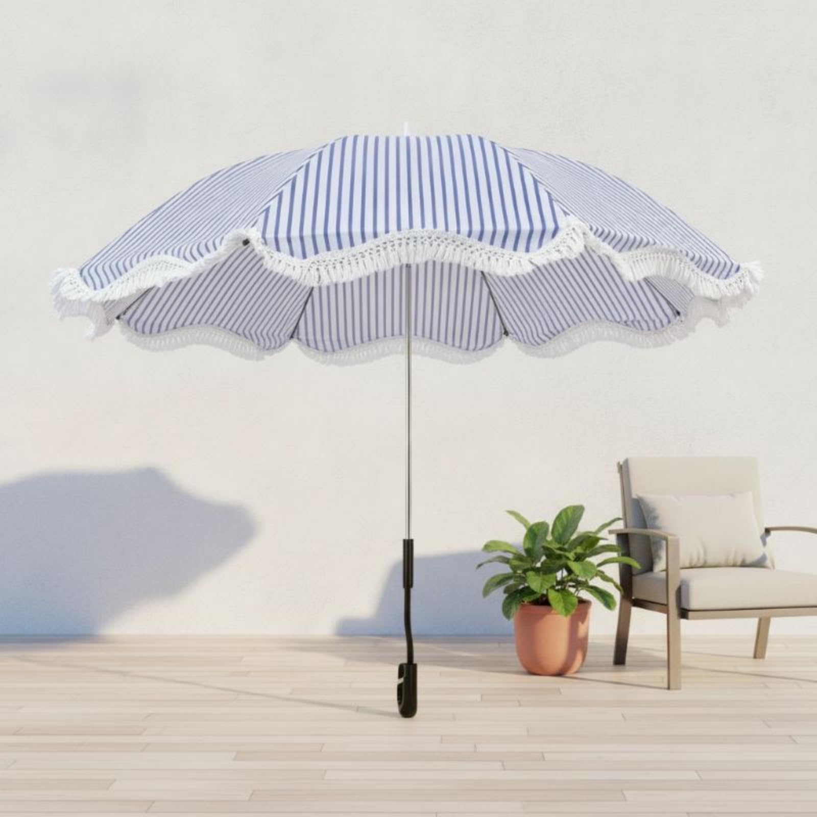 Colcolo Strand Sonnenschirm Klemmschirm Ampelschirm Schattenspender Schirm mit Fransen Tragbar Stabil mit Schraubhalter für Gartenstuhl Patio Balkon See Strand Geeignet, Blau-Weiß Gestreift