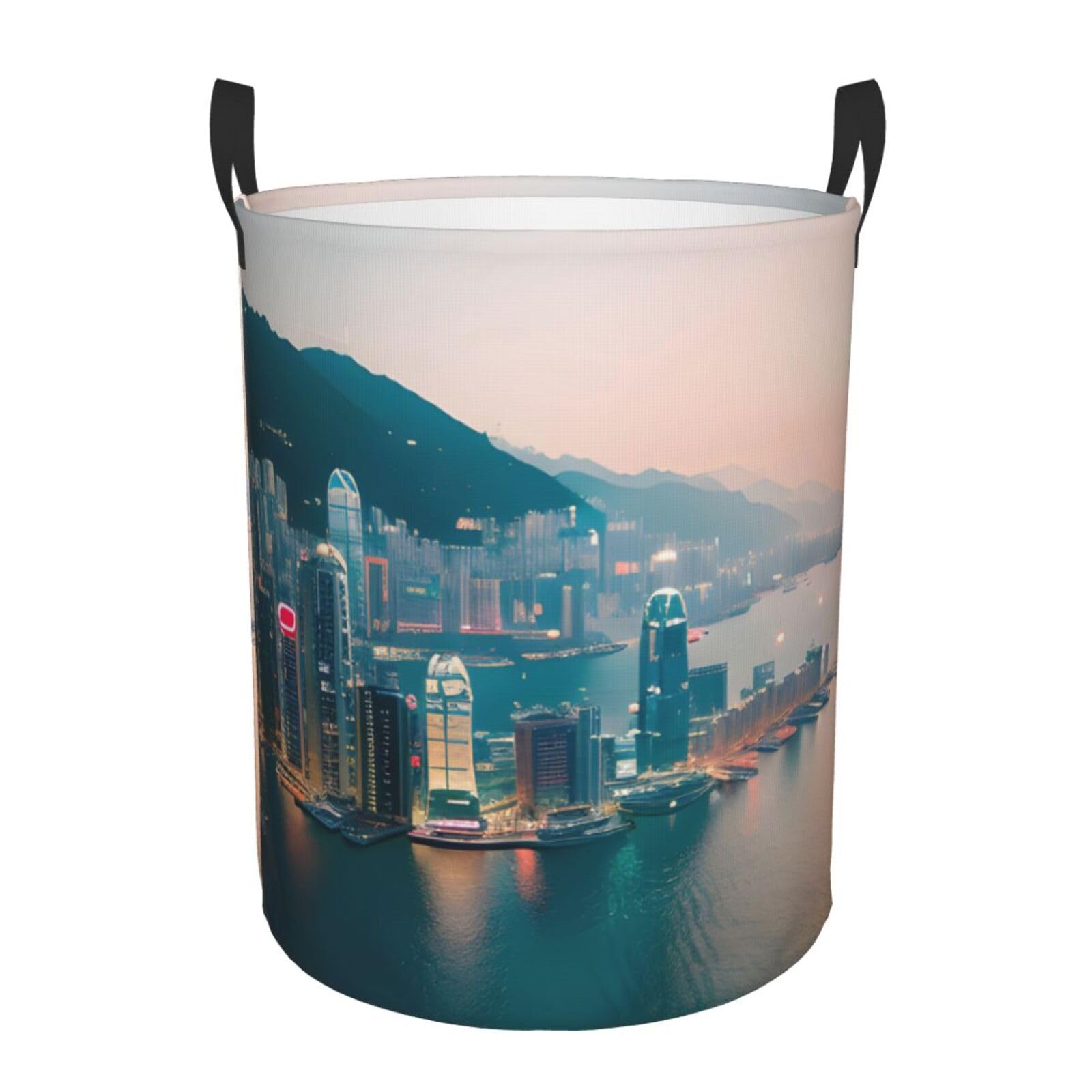 S Collapsible Laundry Hamper Round Hong Kong Print Storage
