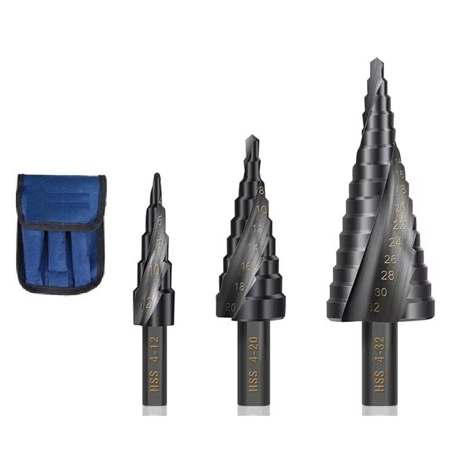 Punta A Cono A Gradino Fresa Per Fori In Metallo HSS Codolo Tondo Utensile Per Perforazione Di Metalli Per Nitrurazione Punta Da Trapano A Gradino,3 Pezzi Con Borsa
