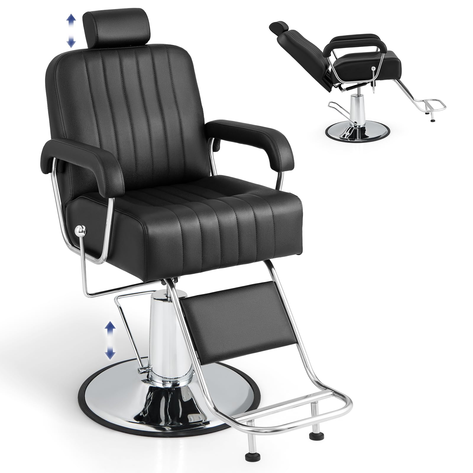 RELAX4LIFE Sillón Giratorio 360°, Silla de Peluquería Reclinable con Reposacabezas Ajustable, Reposapies, Altura de Asiento 59-72cm, Equipo de Peluquería para Salón de Belleza, Carga 150 kg (Negro)