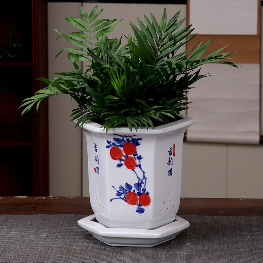 DFGHNBVC Chinoiserie Blue And White Porcelain Plant Pots With Drainage Holes And Drainage Tray For Indoor And Outdoor Plants, Hexagon Ceramic Flower Pots,Blue