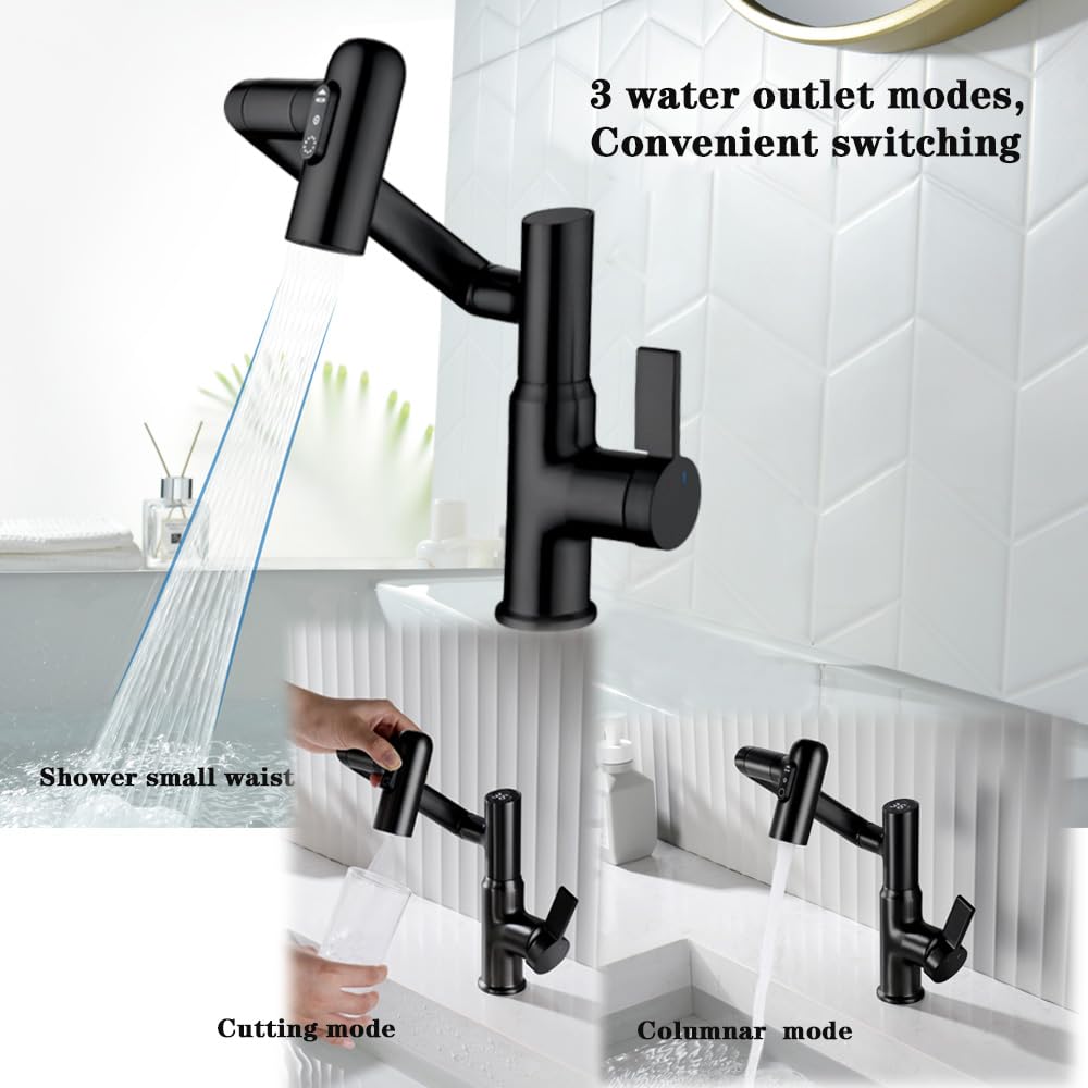 Rubinetti per bagno con temperatura, 2 getti, senza display elettrico della temperatura, rubinetti per bagno con maniglia singola, rubinetti per lavabo da bagno (display della temperatura, nero opac