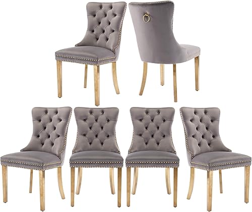 Miniatura 53 de Juego de 6 sillas de comedor de terciopelo gris, modernas sillas de comedor con respaldo copetudo y patas de madera maciza, sillas de comedor Gris