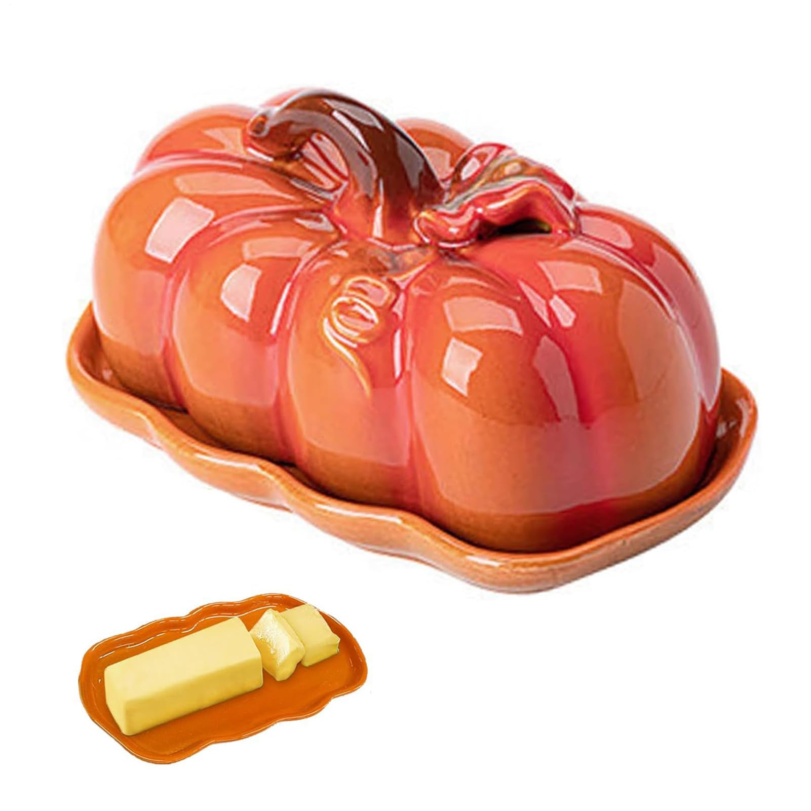 Generisch Kürbisbutterschale mit Deckel - Herbstküche Arbeitsplatte, Halloween -Kürbis -Snack -Teller und Käsebrett, Keramikbutterschale hält Butter frisch länger, Geschirrspüler sicher