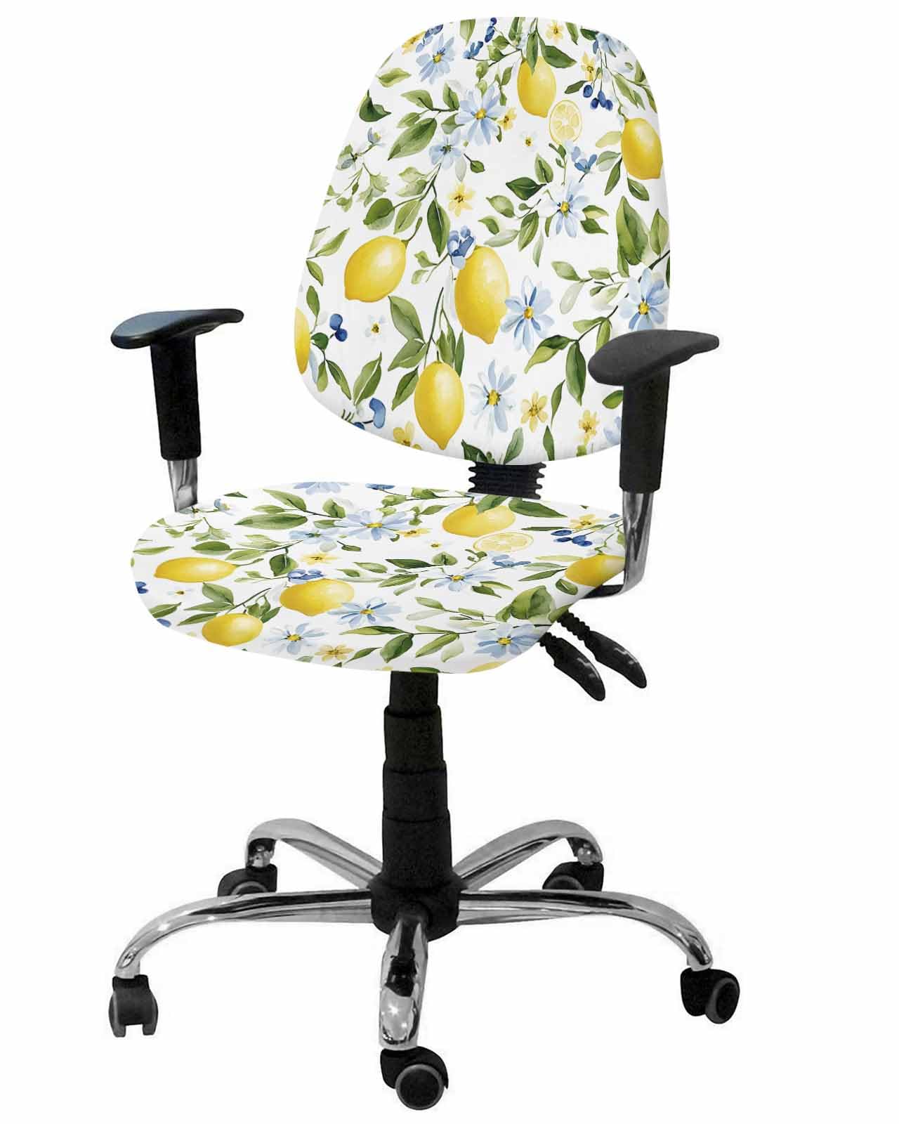 Botanical Lemon 2 Pieces Computer Office Chair Covers Set,Stretchable Desk Rotating Chair Seat Cushion Slipcover Back Covers,Summer Watercolor Flowers Floral Leaves Slipcover Back Cover Protector