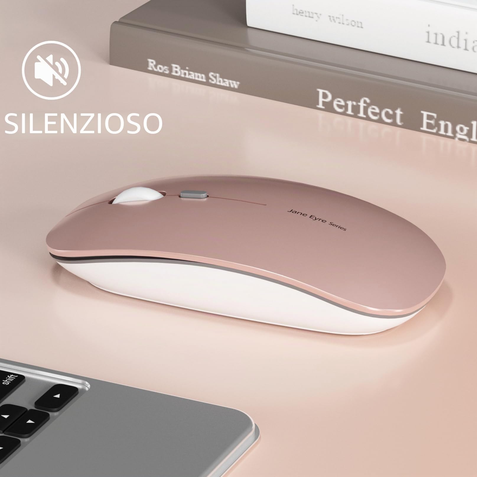 Uiosmuph Q5 Mouse Wireless Ricaricabile, Senza Fili Silenzioso 2,4G 1600DPI Mouse Portatile da Viaggio Ottico con Ricevitore USB per Windows 10/8/7/XP/Vista/PC/Mac (Oro Rosa)