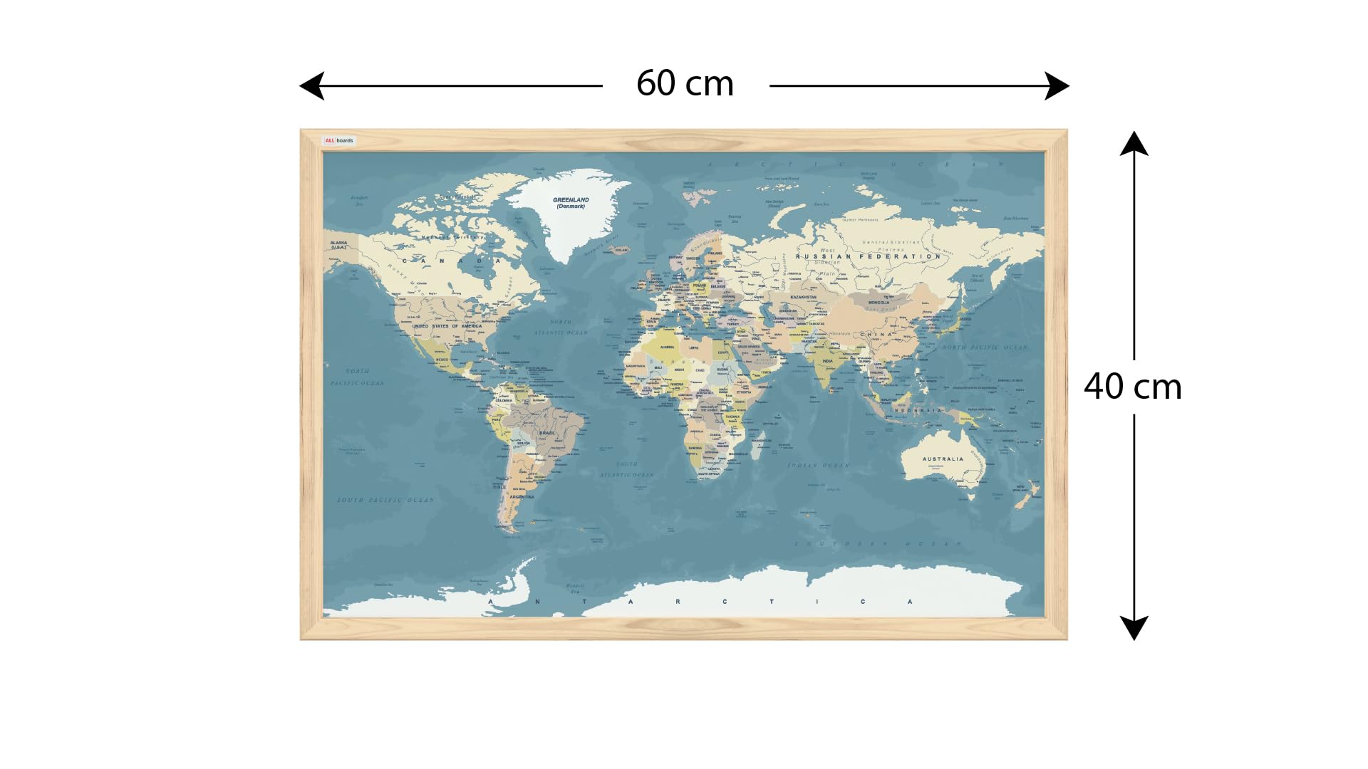 ALLboards Tableau magnétique image carte du monde couleurs pastels 60x40cm dans un cadre en bois naturel