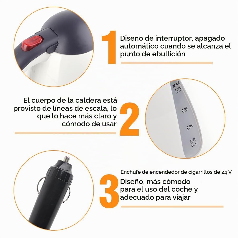 Hervidor para Camión de 24 V, 1000 Ml, Hervidor Eléctrico para Coche, Hervidor de Acero Inoxidable para Viaje, Hervidor de Viaje con Enchufe para Encendedor de Cigarrillos, para