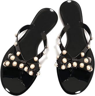 Women Rivet Flip Flops Studded Jelly Thong Sandals with Bow Summer Bowtie Flat Beach Rain Shoes