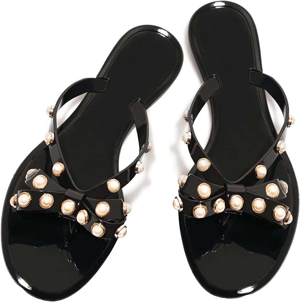 Women Rivet Flip Flops Studded Jelly Thong Sandals with Bow Summer Bowtie Flat Beach Rain Shoes