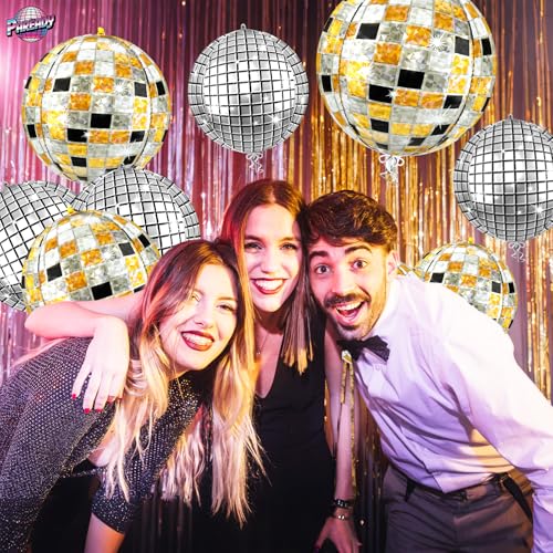 Image of 6pcs 22 Inch Multicolor Disco Ball Balloons, Silver Big Disco Balloons, Black Silver Gold 4d Large Foil Aluminum Balloon For Birthday Baby Shower 70s 80s 90s Theme Party Wedding Engagement Graduation
