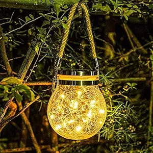 Epyz Solar Light Outdoor Lantern Hanging 20 led Jar Light Waterproof Crackle Glass Globe Garden Light for Party Wedding Christmas Decoration Light [ Warm Yellow Light ] (Pack of 1, Warm Yellow Light)