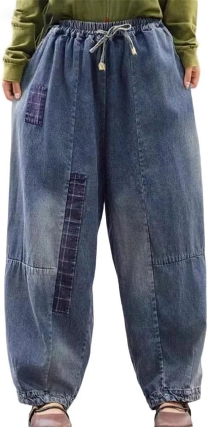 Women Summer Chic Plaid Patchwork Pants Loose Retro Denim Casual Elastic Waist Trousers