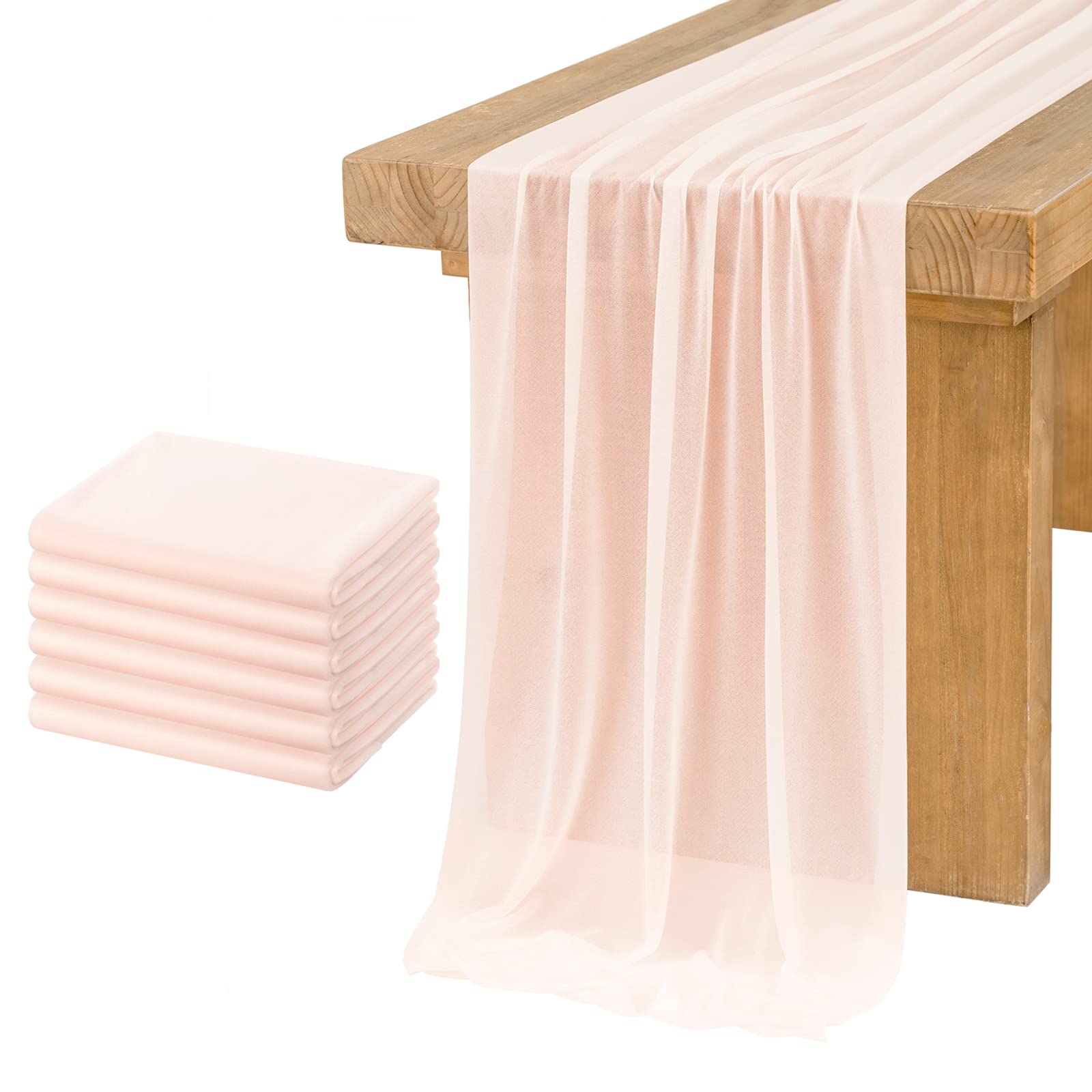 Ling's Moment 6-Pack 10ft Blush Pink Sheer Chiffon-Like Table Runner with Silver Sparkle Table Decor for Wedding Rustic Boho Shower Party(Blush, Set of 6)