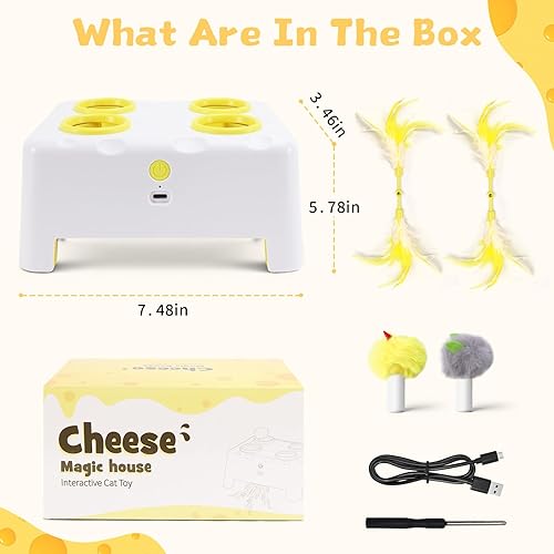 Miniatura 8 de Interactive Cat Toy for Indoor Cats, 3 Modes Feathers Toy, Rechargeable 4 Holes Mole Cat Toys, Cheese Box for Kitten, 4 Accessories (White)